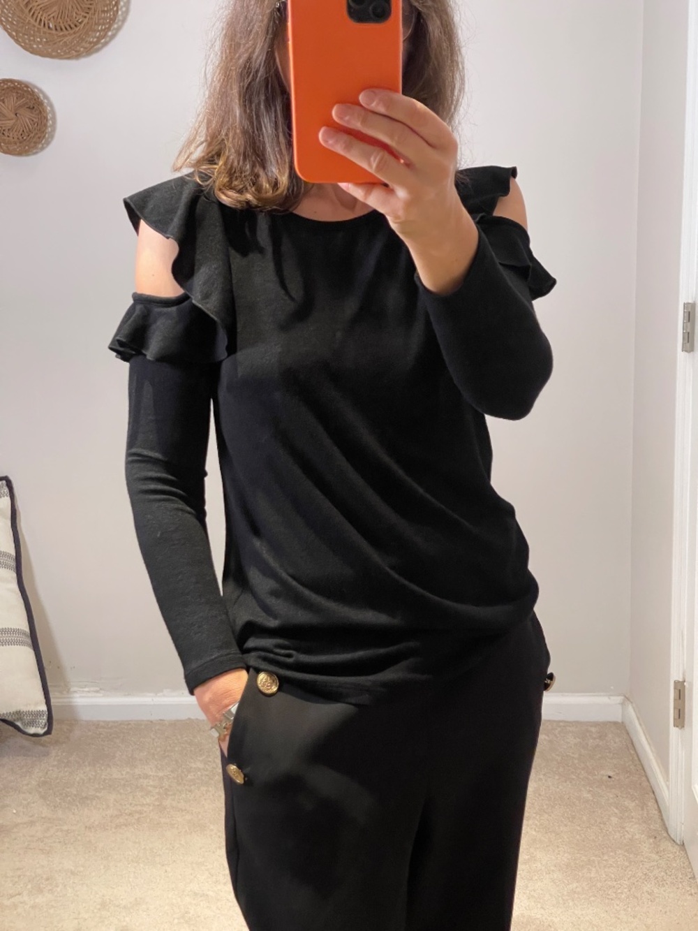 Pleione cold shoulder ruffled knit black sweater women XS
